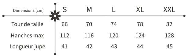 Guide des tailles jupe courte style bohème