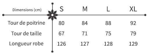 guide des tailles robe longue à fleurs lavande