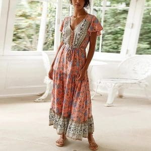 Robe à motifs floraux-Robe longue rose imprimée de fleurs